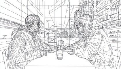 Continuous line drawings people in urban settings, interacting with the environment.