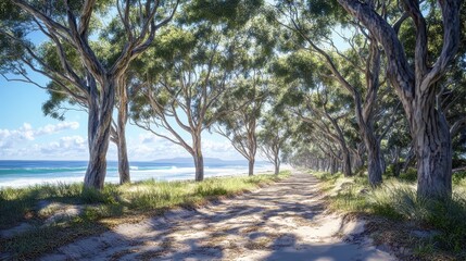 Obraz premium Serene coastal pathway through eucalyptus trees by the beach