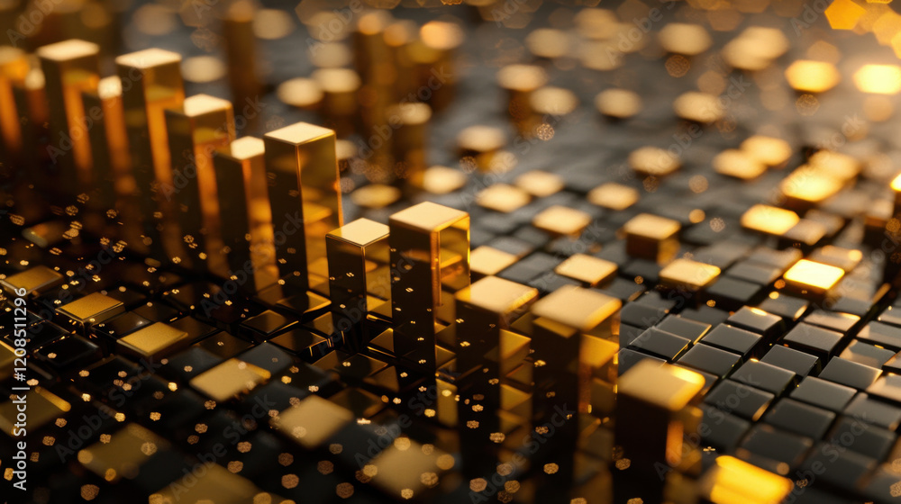 Poster golden cubes and bars create dynamic abstract background, symbolizing wealth and finance. shimmering