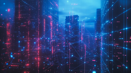 Obraz premium Smart digital Innovation city with connection network reciprocity over the cityscape. of future smart wireless digital city and social media networking systems that connects people with in city