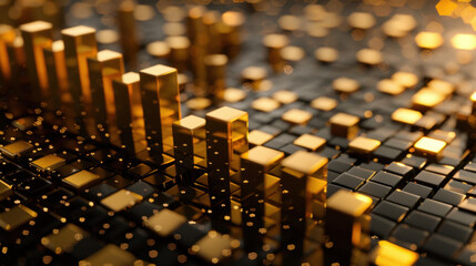 Fototapeta premium Golden cubes and bars create dynamic abstract background, symbolizing wealth and finance. shimmering effect adds depth and elegance to composition