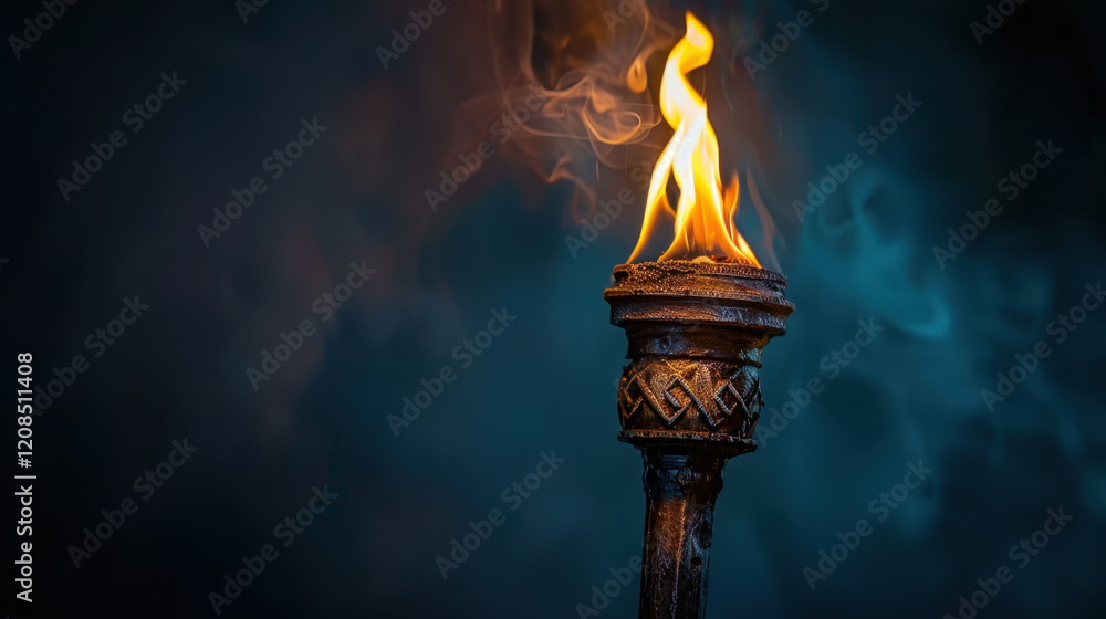 Poster lit torch emits vibrant flame against dark background, creating dramatic atmosphere. intricate desig