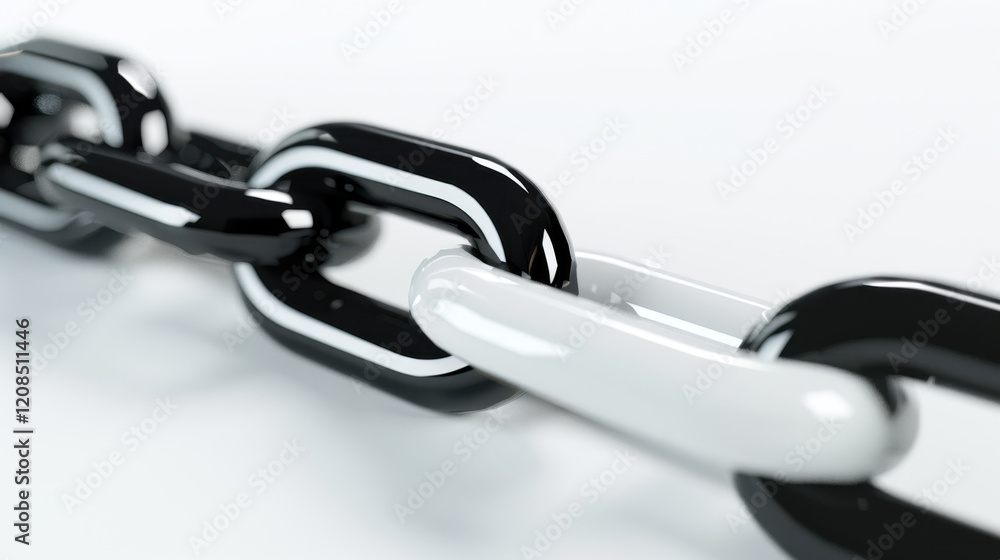 Poster close up view of black and white chain link, showcasing its glossy texture and interlocking design. 