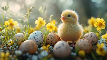 Easter celebration with cute chick surrounded by colorful eggs and spring flowers