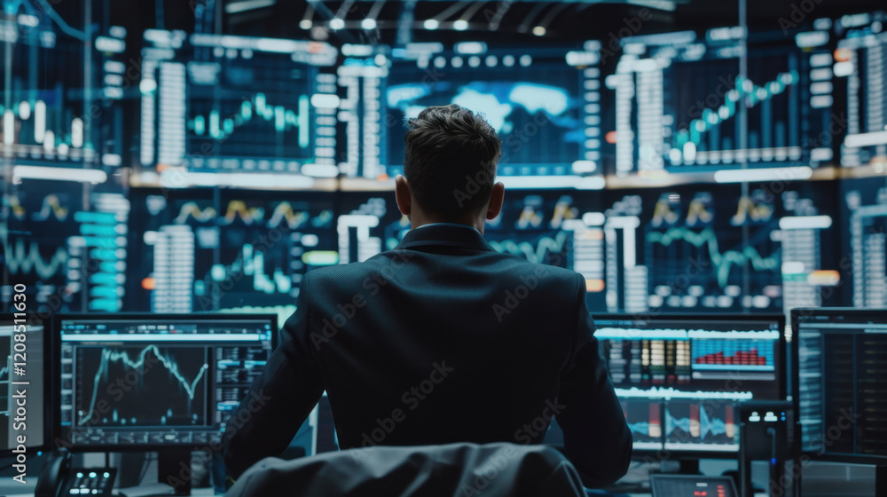 Poster business professional analyzing financial data on multiple screens, showcasing graphs and charts in 