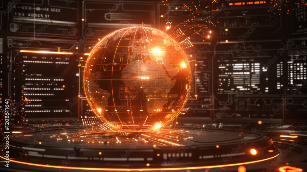 Poster glowing digital globe surrounded by data streams and technology elements, symbolizing global connect