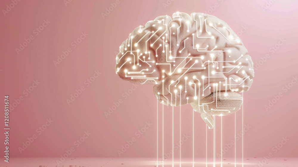 Poster digital brain with circuit patterns symbolizes artificial intelligence and technology. soft pink bac