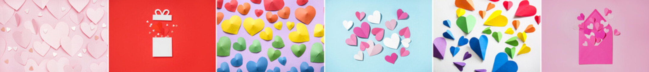 Collage of many paper hearts on color background. Valentine's Day celebration