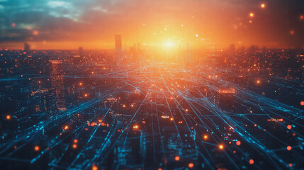 Obraz premium Smart digital Innovation city with connection network reciprocity over the cityscape. of future smart wireless digital city and social media networking systems that connects people with in city