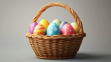 Vibrant easter eggs in woven basket for holiday decoration