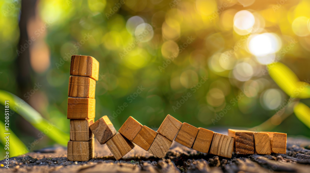 Poster building blocks create dynamic structure on wooden surface, symbolizing growth and creativity in nat