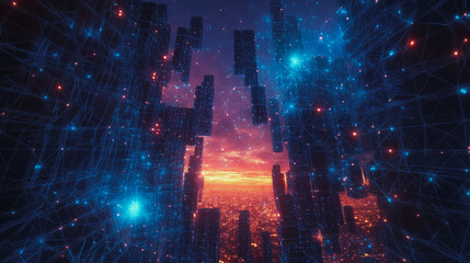 Obraz premium Smart digital Innovation city with connection network reciprocity over the cityscape. of future smart wireless digital city and social media networking systems that connects people with in city