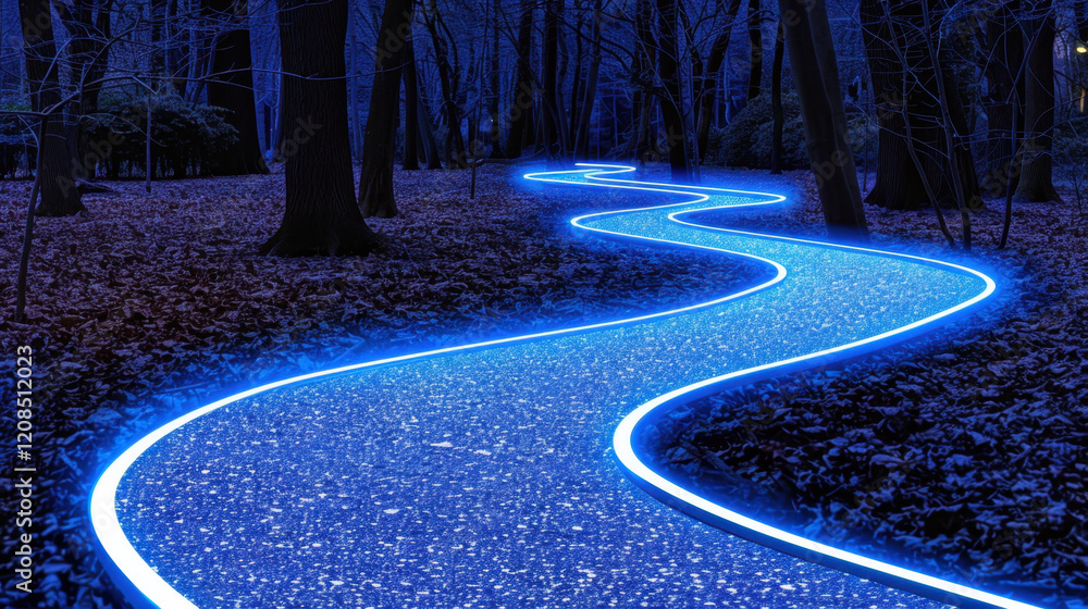 Poster glowing blue pathway winds through dark forest, creating mystical atmosphere. illuminated trail cont
