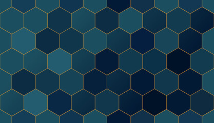 Seamless geometric honeycomb hexagonal wall pattern, abstract elegant dark shades blue background with golden stroke, outline tiles