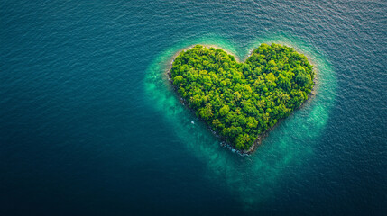 A lush green tropical island shaped like a heart surrounded by turquoise waters aerial view minimalistic bright tone modern blurred effect empty space for captions symbolizing love harmony and paradis