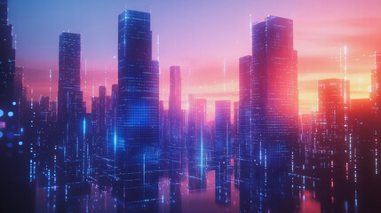 Fototapeta premium Smart digital Innovation city with connection network reciprocity over the cityscape. of future smart wireless digital city and social media networking systems that connects people with in city