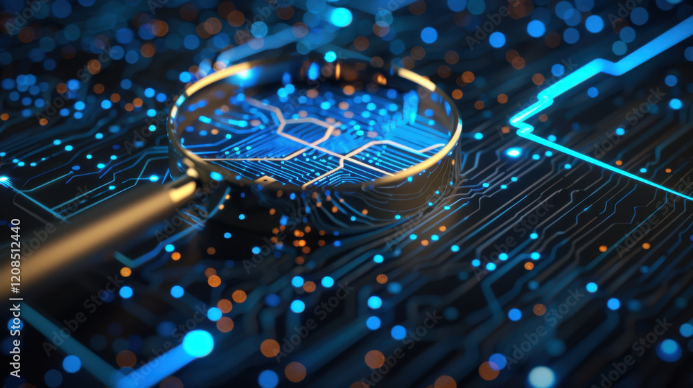 Poster magnifying glass focuses on circuit board with glowing blue lights, symbolizing technology and innov