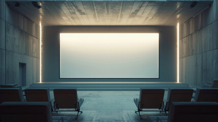 Modern cinema interior with empty seats and large screen