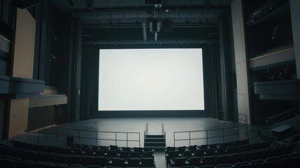 Naklejka premium spacious theater stage with large blank screen, empty seats, and modern architecture, creating serene atmosphere for performances or presentations