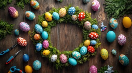 Colorful easter gift wreath with decorated eggs for kids celebration