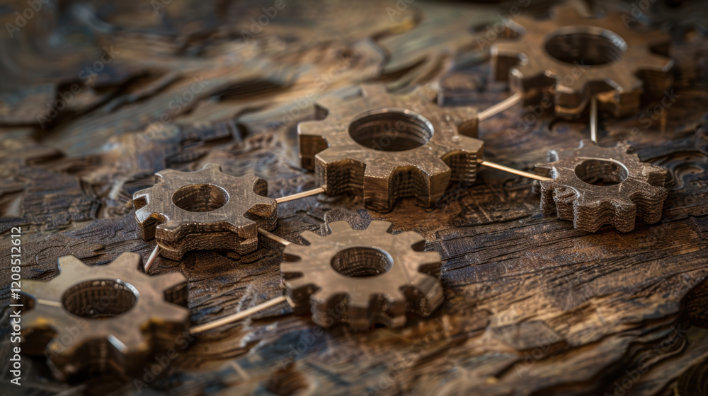 Poster mechanical gears connected on textured surface, showcasing intricate design and engineering. image e
