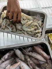 Fresh shrimp are sold at the market