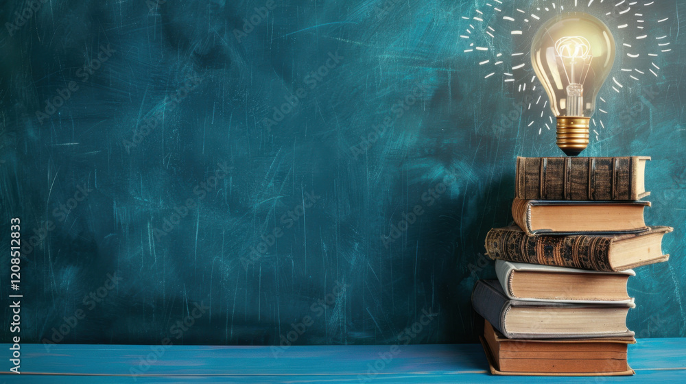 Poster stack of books with glowing light bulb on top, symbolizing knowledge and ideas. blue background adds