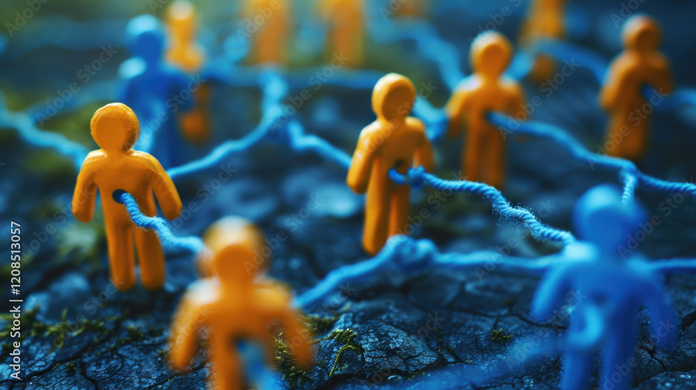 Poster colorful figurines connected by strings represent networking and collaboration, symbolizing unity an
