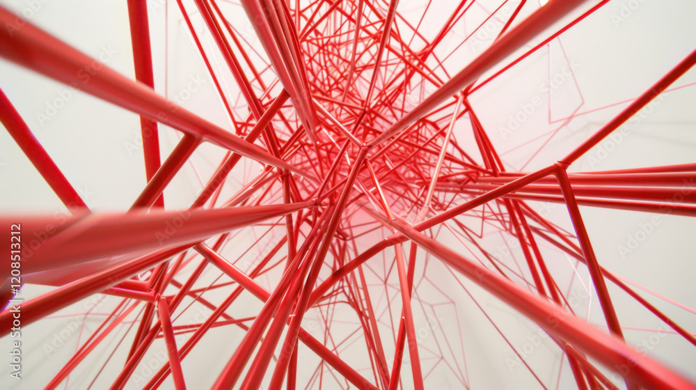 Poster dynamic view of red abstract structures creating complex network, showcasing depth and perspective. 