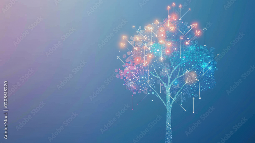 Poster digital tree with colorful lights and arrows, symbolizing growth and innovation. background is gradi