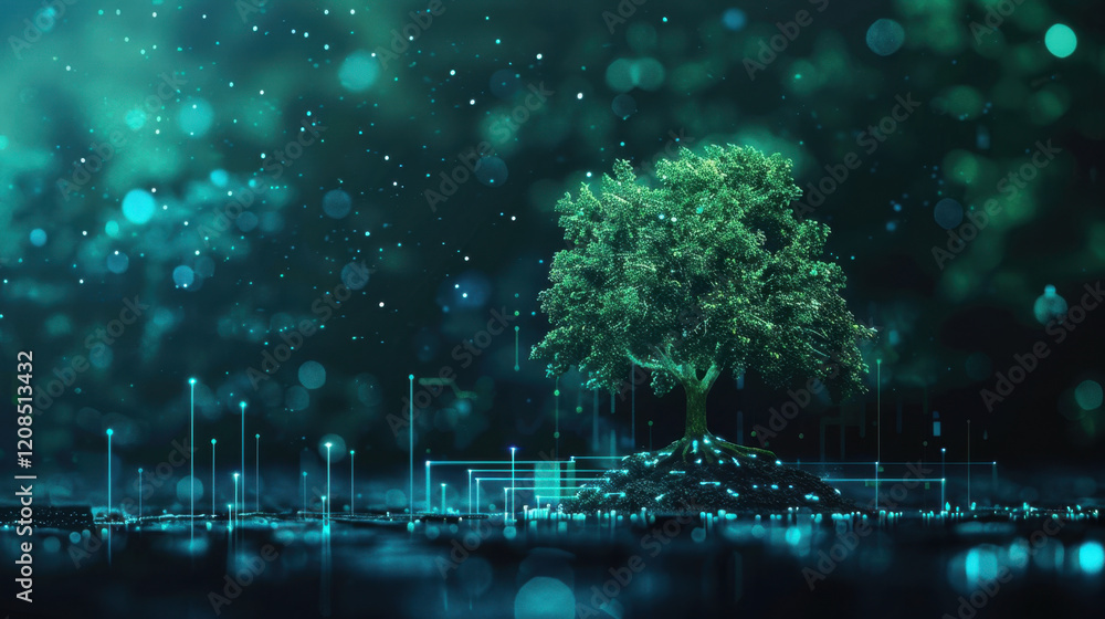 Poster digital tree stands on glowing platform, surrounded by abstract data streams and particles, symboliz