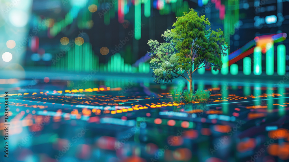 Poster digital tree growing on circuit board, symbolizing technology and nature. vibrant colors represent g
