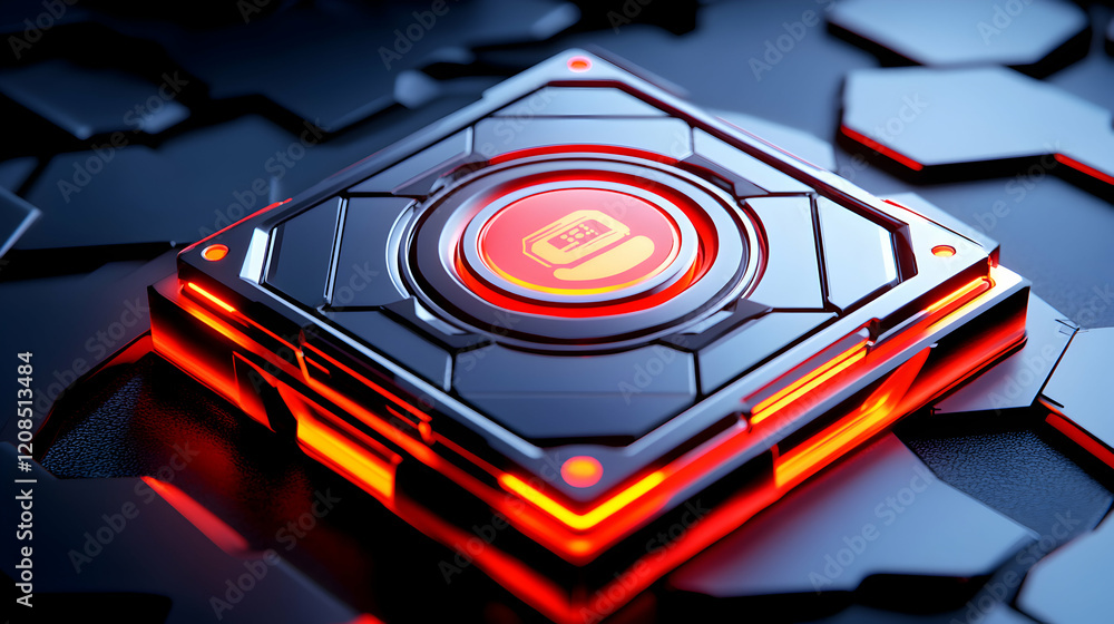 Poster futuristic technology concept glowing red square device with a communication icon. abstract digital 