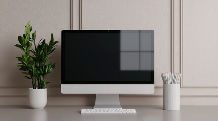 Wash workplace and reflective, A minimalist workspace featuring a modern computer, potted plant, and stationery holder against a neutral wall.