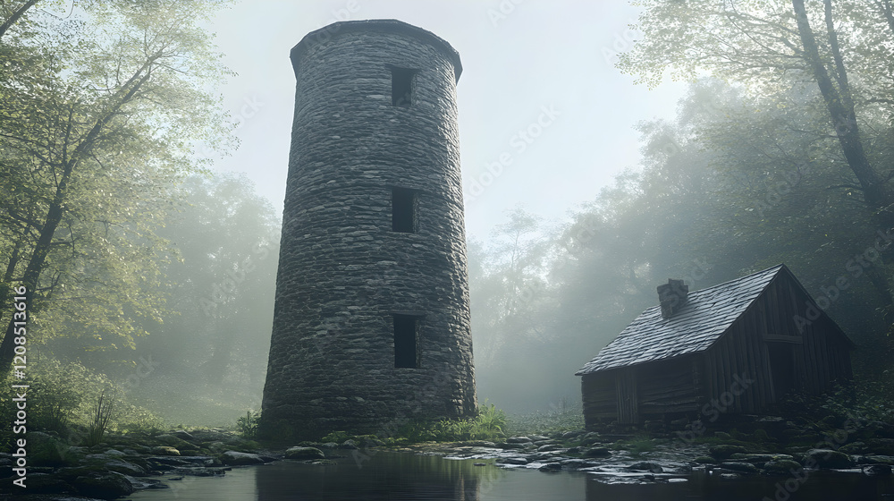 Poster mysterious stone tower and rustic cabin nestled in a misty forest, creating an evocative and serene 