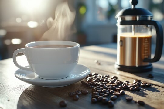 A steaming cup of coffee sits on a wooden table, exuding warmth and comfort, beside a French press and scattered coffee beans, perfect for coffee lovers and relaxation. - Powered by Adobe