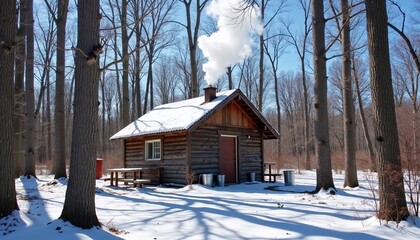 Maple sugar shack, smoke from chimney, surrounded by tapped maple trees, bright blue sky, early spring landscape