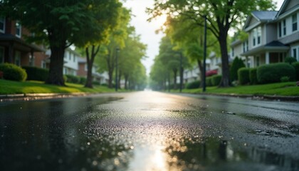 Wet pavement, wide-angle view of rainy suburban street, daylight reflecting off asphalt, lush green trees and houses