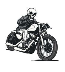 Obraz premium Skeleton is Riding a Classic Motorcycle isolated white background 