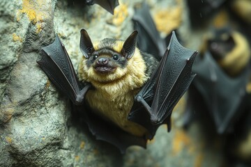 Obraz premium Fluffy yellow bat clinging to rock.