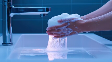 Wash workplace and reflective, A person is washing their hands with soap at a sink, with water flowing and creating a visually appealing scene.