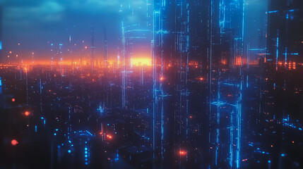 Obraz premium Smart digital Innovation city with connection network reciprocity over the cityscape. of future smart wireless digital city and social media networking systems that connects people with in city