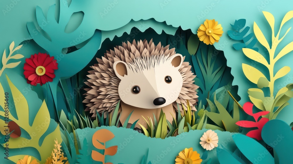 Poster Hedgehog in Papercut Garden: An adorable hedgehog peeks from a vibrant, intricately crafted papercut garden, showcasing a delightful blend of artistry and nature.