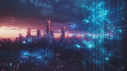 Obraz premium Smart digital Innovation city with connection network reciprocity over the cityscape. of future smart wireless digital city and social media networking systems that connects people with in city