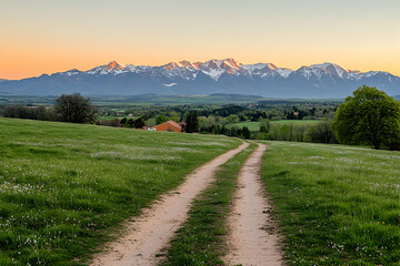 Fototapeta premium Serene sunset over majestic mountains, a dirt road winds through a grassy field towards the breathtaking snow-capped peaks.