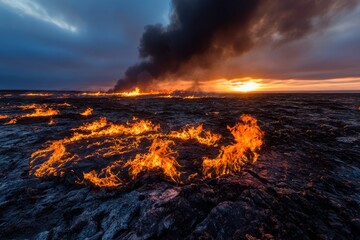 Fototapeta premium An intense image showing flames and thick smoke at sunset, capturing the chaotic beauty and environmental impact of fire, set against a richly colored sky.