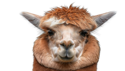 Close-up portrait of an alpaca with a transparent background.
