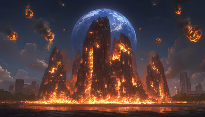 Fiery apocalypse scene burning mountains, falling meteors, futuristic city.  Perfect for dystopian, sci-fi, or fantasy projects.