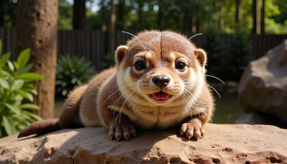 Baby otter resting on a rock in sunlight, zoo wildlife discovery