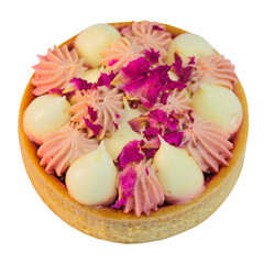 Cutout of a raspberry flavored tart decorated with rose flower petals with the transparent png